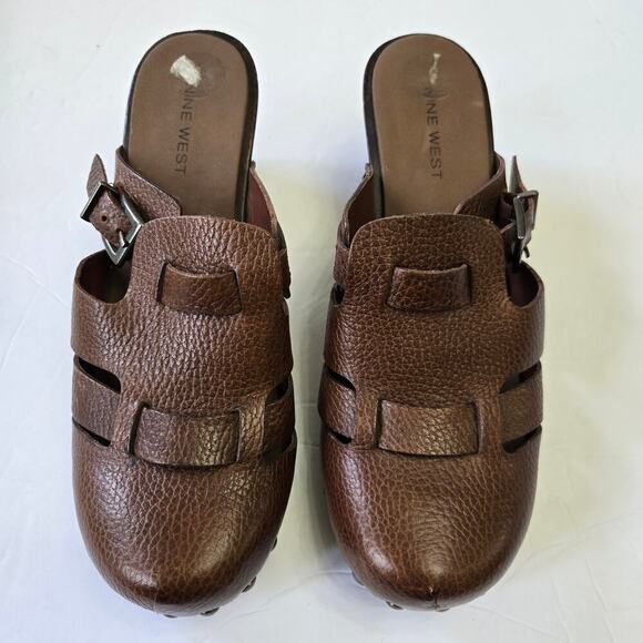 Nine West Brown Leather Clogs Size 6M Studded Buckle Vtg Y2K Boho Western Mules - Picture 3 of 10